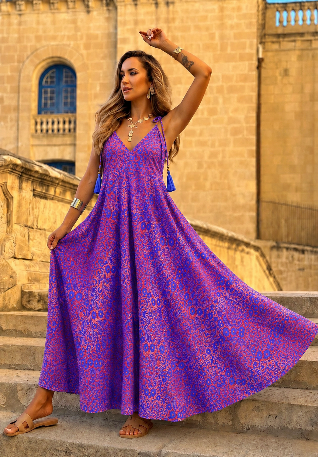 Φόρεμα maxi boho με εμπριμέ μοτίβο