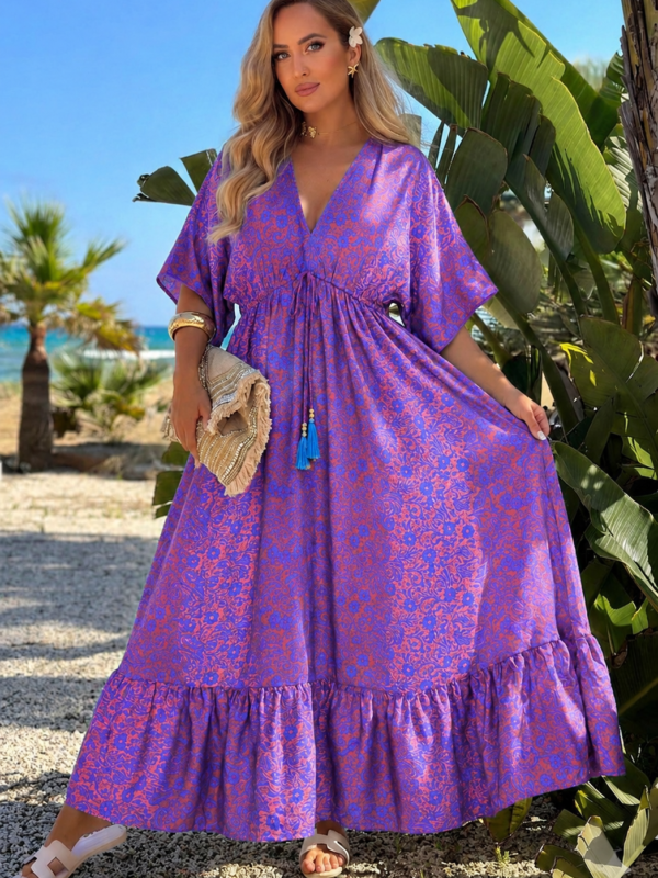 Φόρεμα maxi boho εμπριμέ με κοντό μανίκι