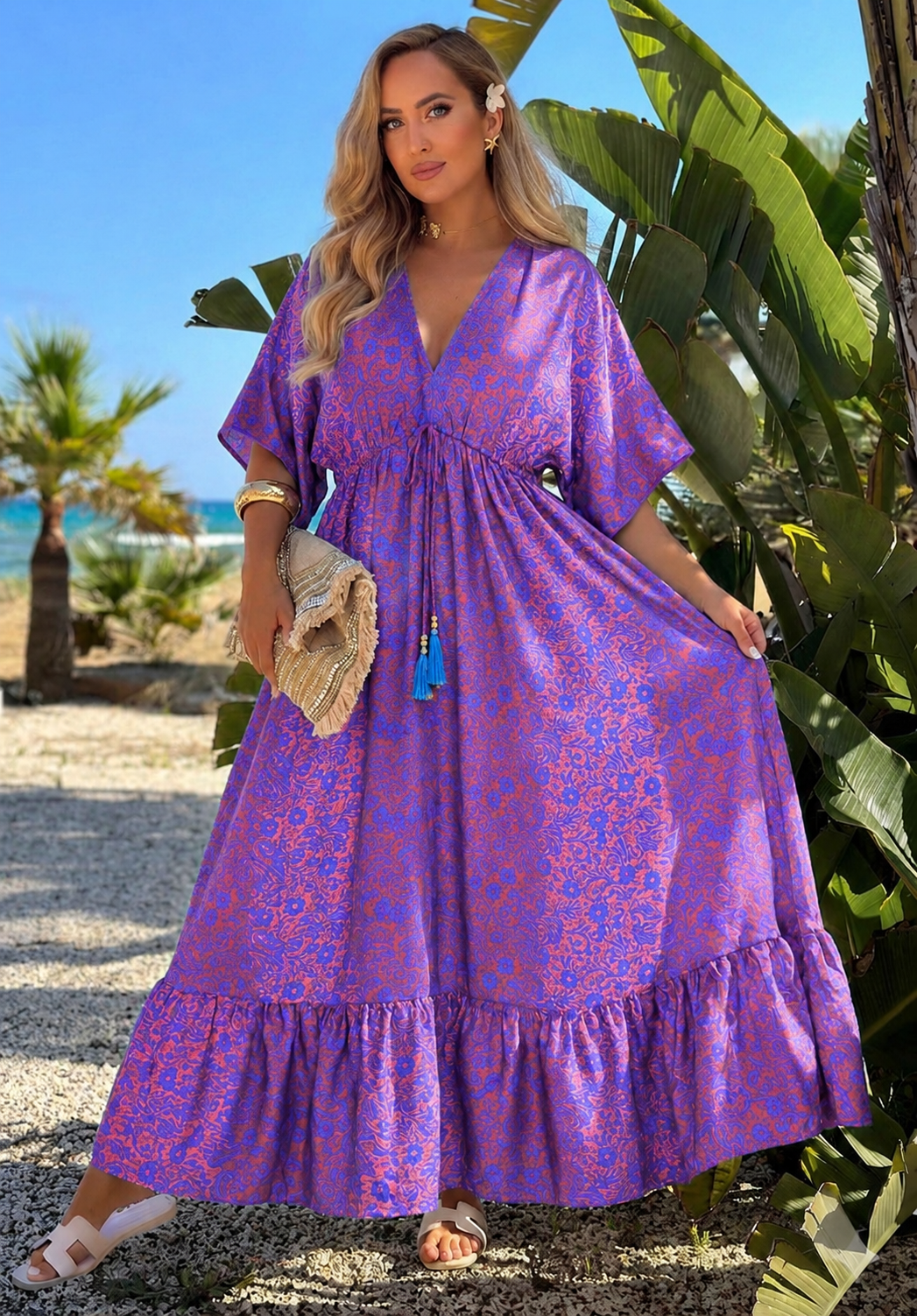 Φόρεμα maxi boho εμπριμέ με κοντό μανίκι